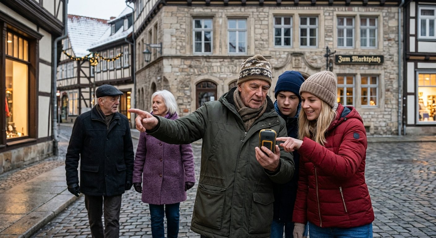 Gruppe mit GPS-Gerät in einer weihnachtlich beleuchteten Altstadtgasse