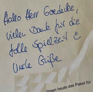 Handschriftliche Notiz einer Teilnehmerin mit Dank für die Spielzeit
