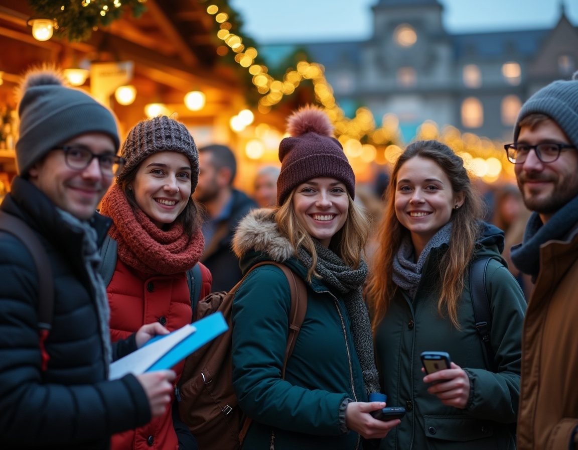 Team auf einem Weihnachtsmarkt in der Abenddämmerung
