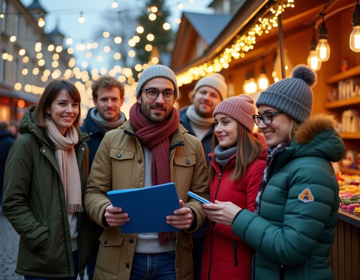 Gruppe von Kolleginnen und Kollegen in Winterjacken vor einer beleuchteten Weihnachtsmarktbude